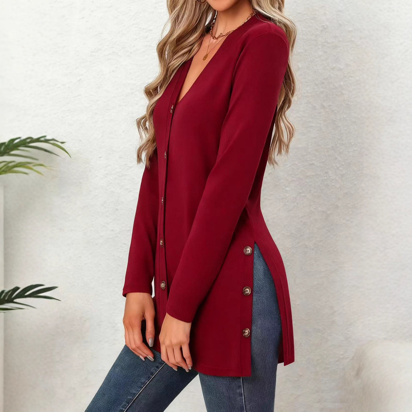 Mid-length Knitted Outer Solid Color Casual Single Row Multi-buckle Long Sleeve