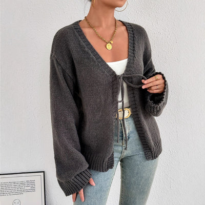 Sexy Deep V-neck Lace-up Knitted Solid Color Long Sleeve Sweater Coat