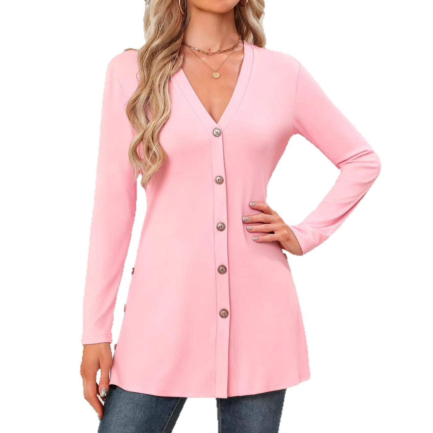 Mid-length Knitted Outer Solid Color Casual Single Row Multi-buckle Long Sleeve