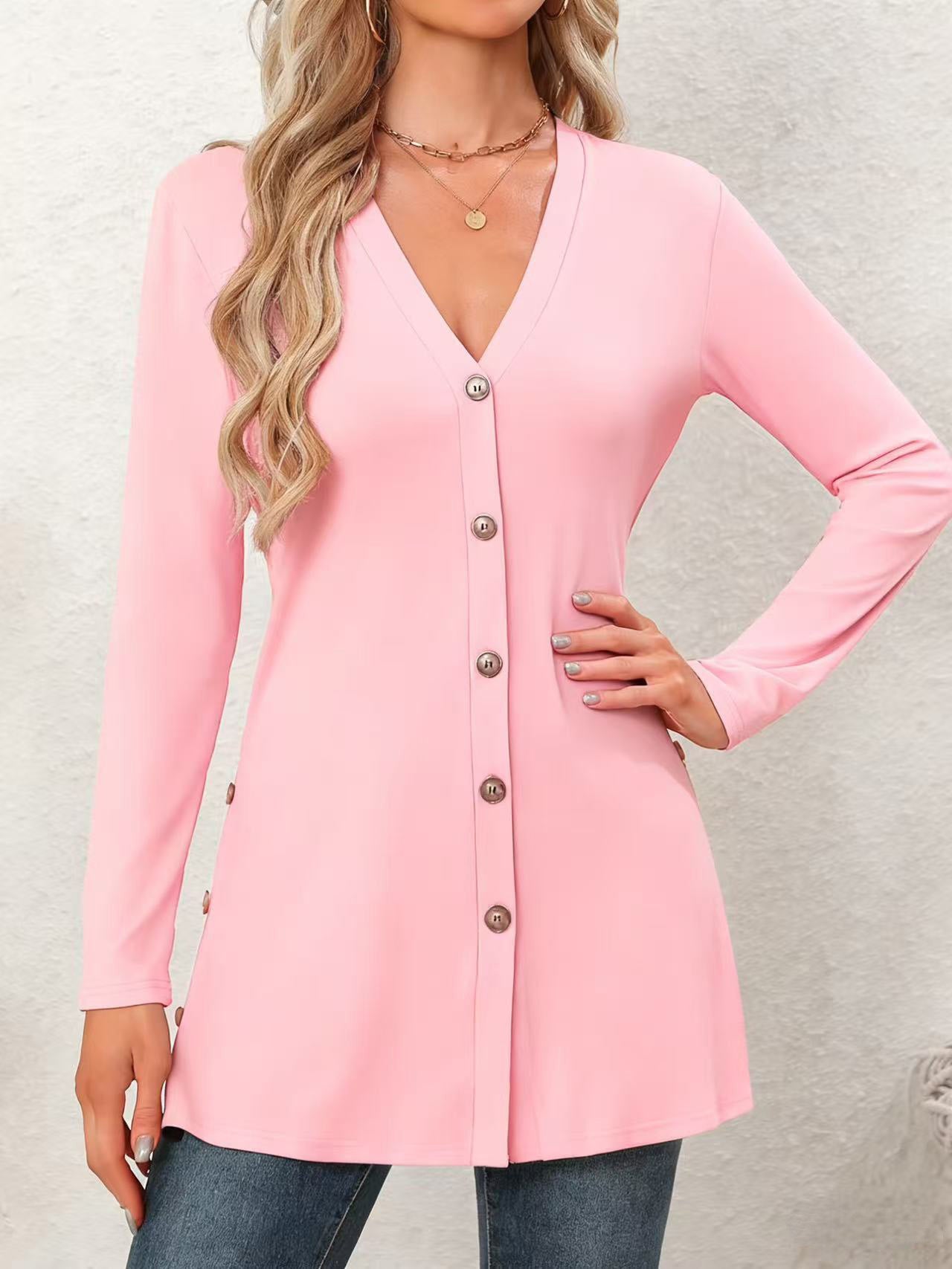 Mid-length Knitted Outer Solid Color Casual Single Row Multi-buckle Long Sleeve
