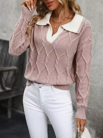 Women's Lapel Long Sleeve Contrast Color Knitted Sweater